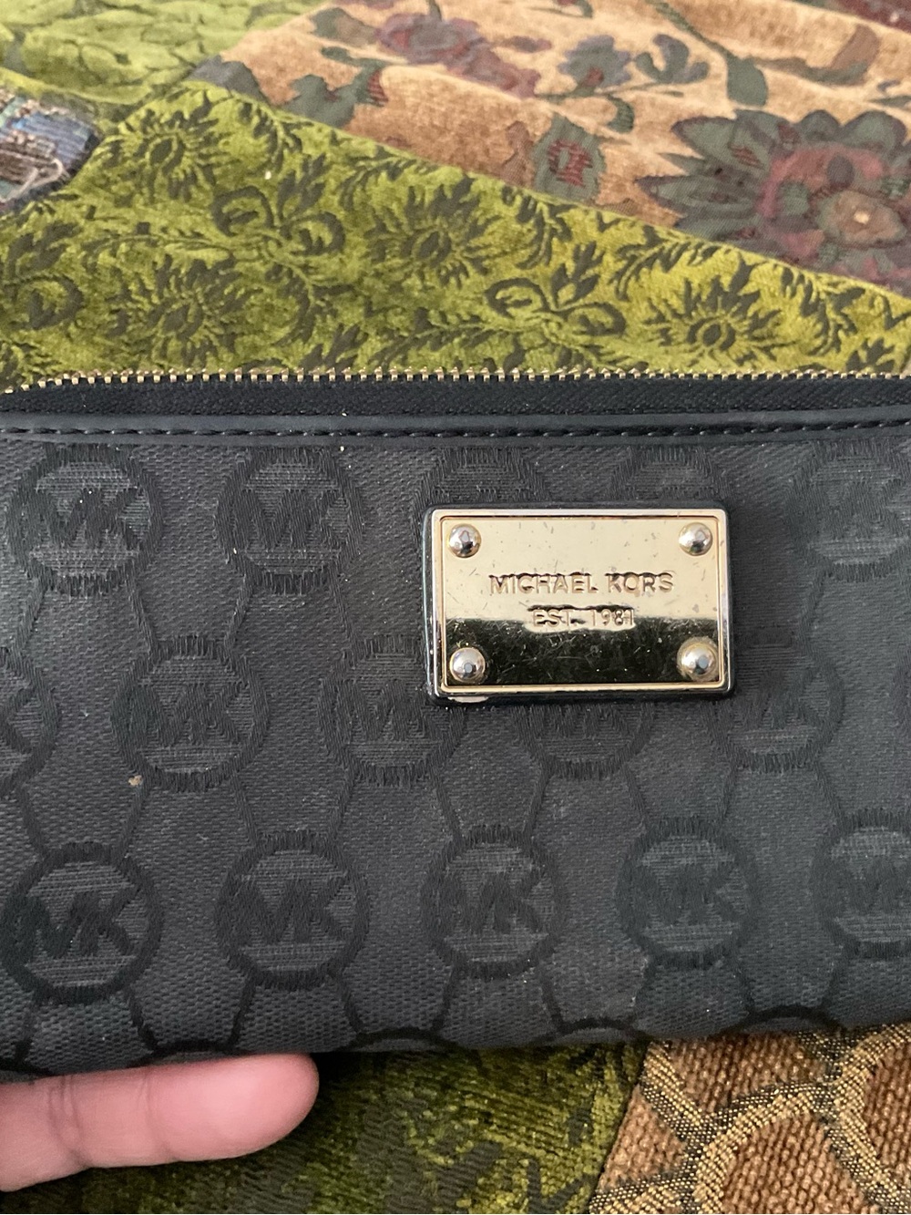 Michael Kors Black Signature MK Zip-Around Wallet with Gold Plate